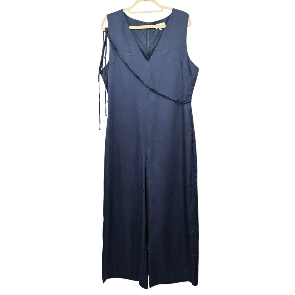 Ettitude Bamboo Sateen Jumpsuit Women XL Ocean Blue V-Neck Wide Leg Back Zip NEW